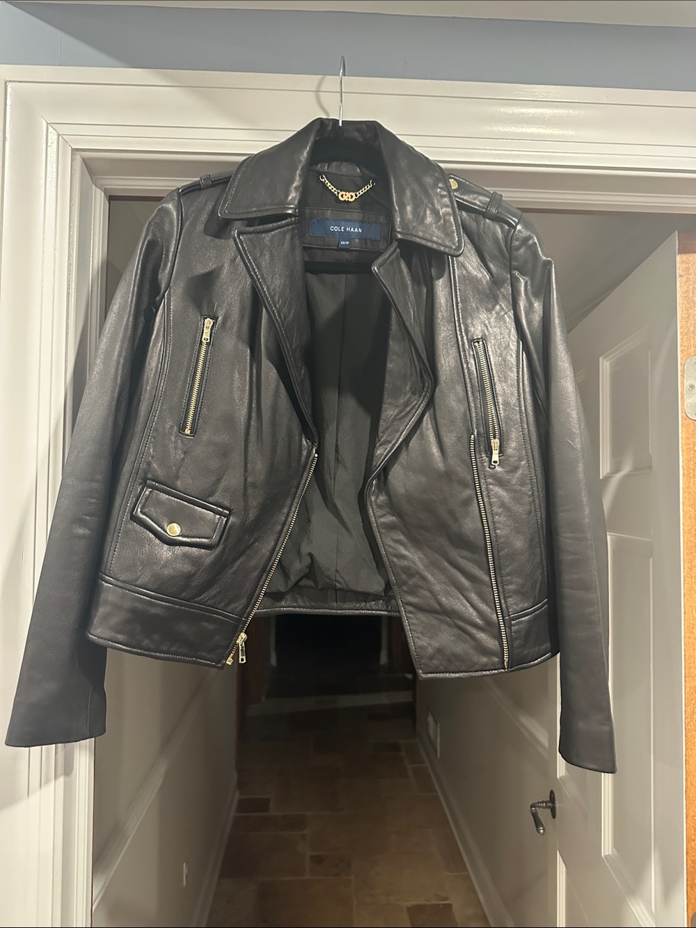 Cole Haan Black Leather Biker Jacket with Gold Hardware